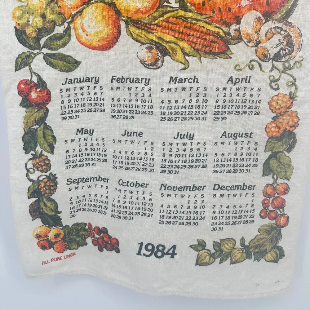 Vintage Pure Linen‎ Cloth Calendar Year 1984 Tea Towel Birthday Fall Harvest